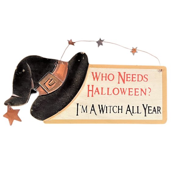 Wooden Halloween Witch Sign with Tin Stars Wall Sign Decor, Inside or Outside - Picture 1 of 2